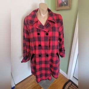 Unique Vintage Red and Black Plaid Pea Coat